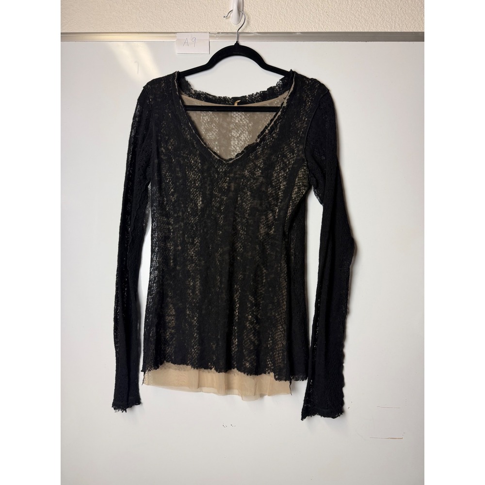 Pete Collection Black Wool Lace Mesh Lined V-Neck Long Sleeve Top Large USA Made
